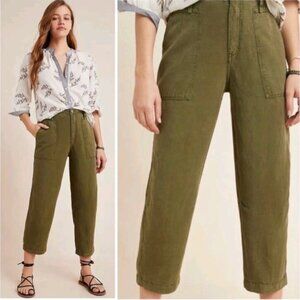 Anthropologie Audra Utility Pants Size 28 Linen Blend Cropped Cargo Green